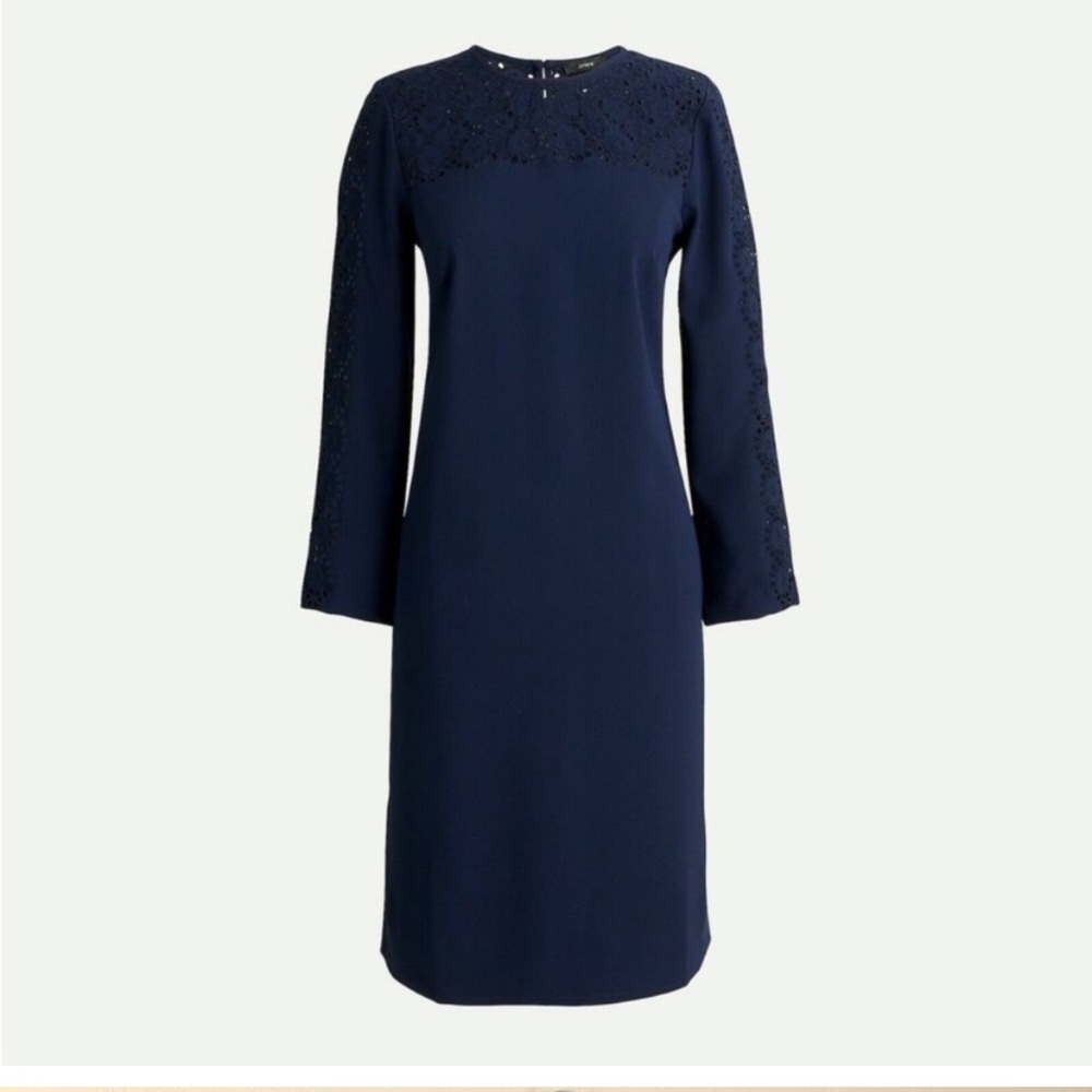 NWT J.Crew Laser-cut eyelet dress in 365 crepe in Navy, size 14.